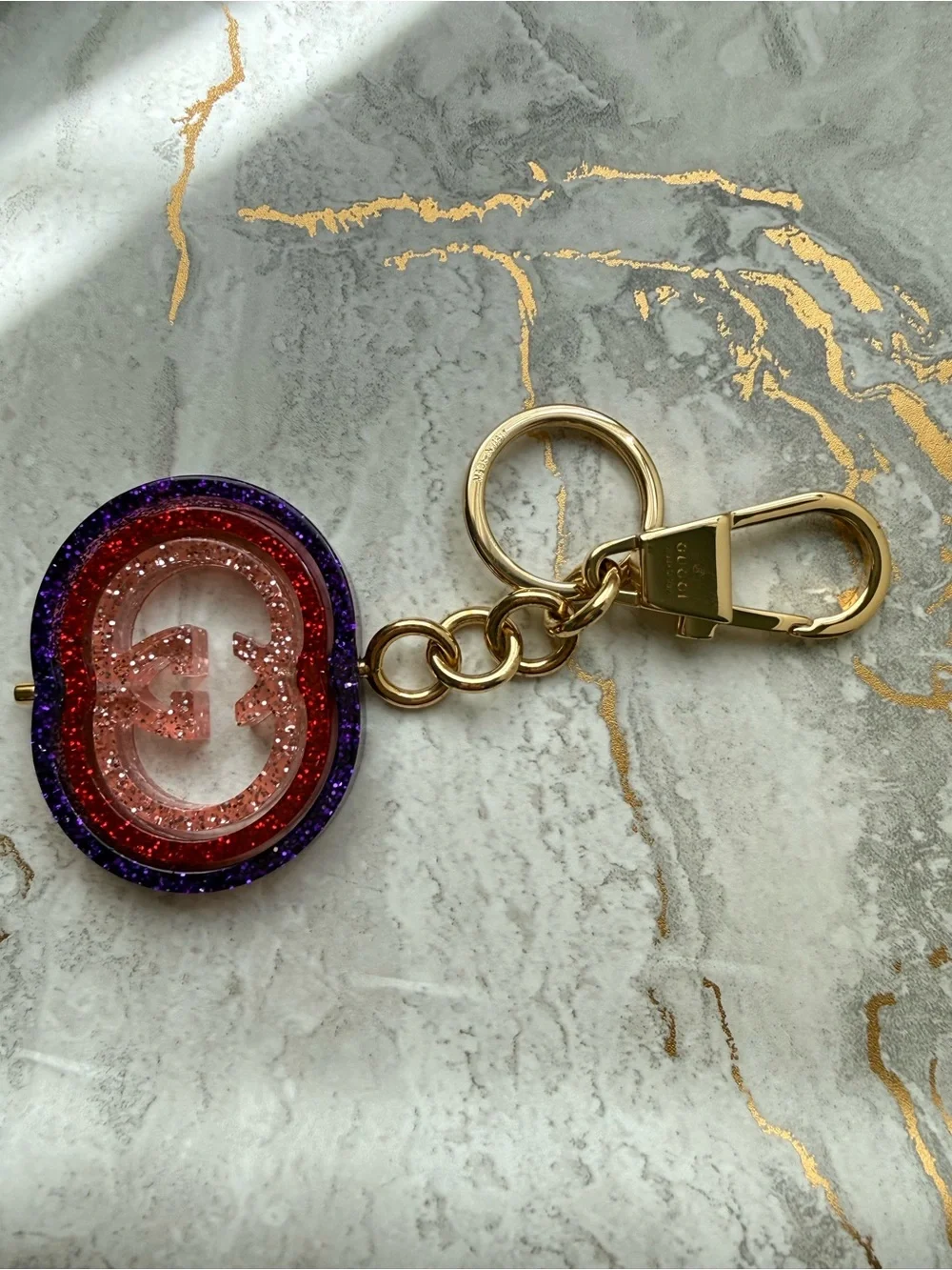 Gucci Interlocking G Glitter Resin Keychain Bag Charm Purple Red Pink Gold